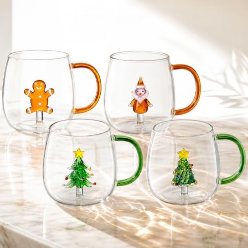 Set of 4 Christmas Wine Glasses 3D 13.5oz XMAS Drinking Glass Cup W/Handle by LITIVY