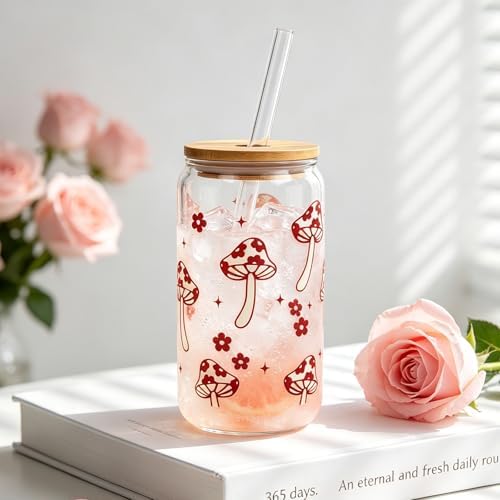 Coquette Cute Glass Cup with Lids and Straws 18OZ Mushroom Iced Coffee Cup - Image 6