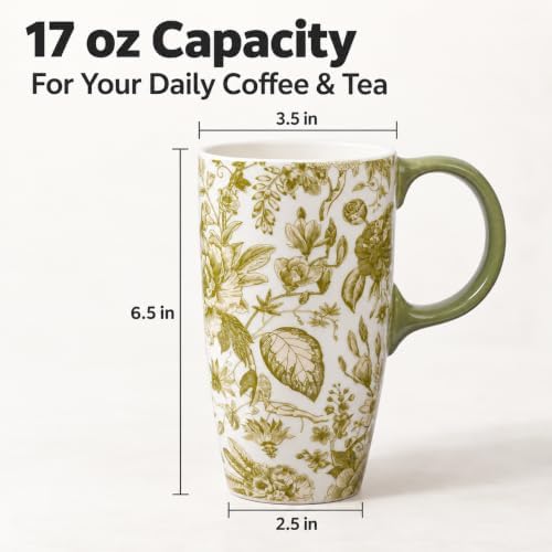 Topadorn 17 Oz Ceramic Coffee Travel Mug with Spill Proof Lid & Handle, Microwave Dishwasher Safe Tea Cup, Green Leaf - Image 5