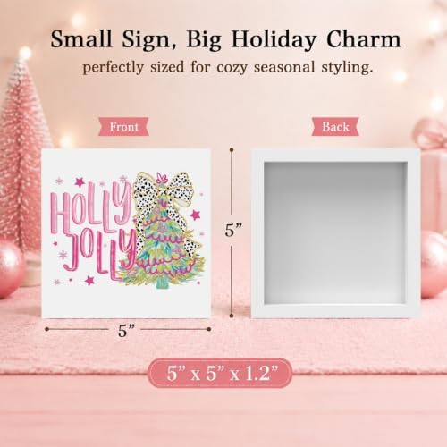 Pink Christmas Decor, Christmas Decorations Indoor, Glitter Bow Flower Xmas Tree Snowflake Holly Jolly Sign Gift for Women Friends, Rustic Wooden Box Sign for Home Office Bedroom Desk Decor 5x5 Inches - Image 2