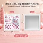 Christmas Bathroom Decor, Funny Pink Christmas Decorations, Glitter Santa Claus Bathroom Table Decoration He Sees You When You're Pooping Wooden Box Sign, Home Shelf Desk Decor for Toilet 5x5 Inches - Image 2
