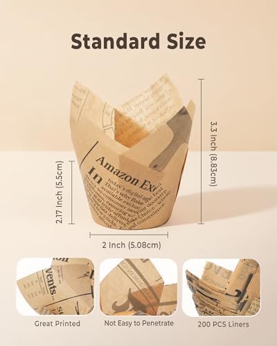 Bake Choice 200pc Standard Tulip Cupcake Liners for Baking, Newspaper Print - Image 4