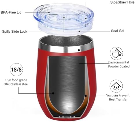 MEZMUT 12 Oz Insulated Wine Tumbler with Lid Wine Glass Coffee Cup(Red,1) - Image 6