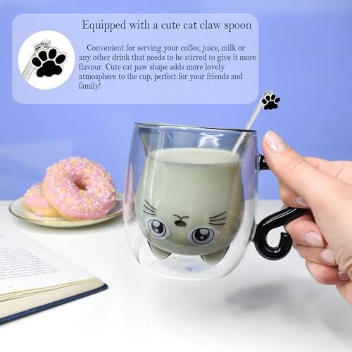 Black Cat Mug Cute Mug with Handle Double Walled Coffee Mugs Kawaii Cat Presents for Women Glass Mugs Tea Cup Cute Birthday Gifts for Cat Lovers Ideas Halloween Christmas - Image 3