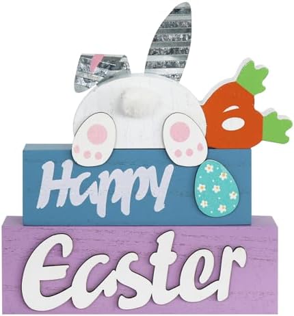 Easter Decorations, MEETYAMOR 3-Layered Easter Bunny with Carrots Farmhouse Wood Block Easter Decor, Happy Easter Sign Easter Egg Design Easter Decorations Indoor for Home, Living Room, Tables, Mantel by MEETYAMOR