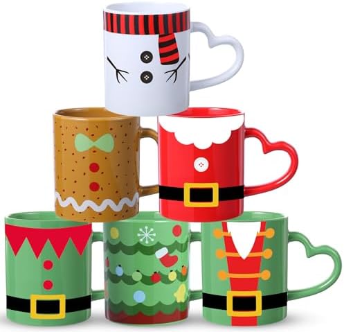 Set of 6 Christmas Coffee Mugs 10 OZ Ceramic Cups Santa Snowman by Pickmesh