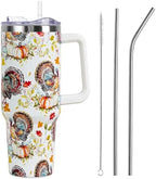 Thanksgiving Tumbler with Handle and Straw Lid 40 oz,Cute Thankful Thanks Turkey Pumpkin Gifts for Women Vacuum Insulated Leak Proof Tumbler,Winter Holiday Accessories Stainless Steel Coffee Cup Mug by Unknown