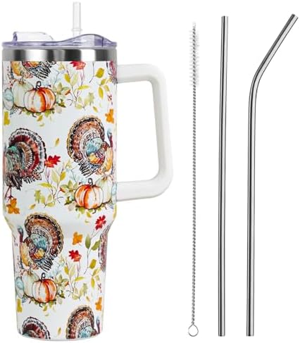 Thanksgiving Tumbler with Handle and Straw Lid 40 oz,Cute Thankful Thanks Turkey Pumpkin Gifts for Women Vacuum Insulated Leak Proof Tumbler,Winter Holiday Accessories Stainless Steel Coffee Cup Mug by Unknown