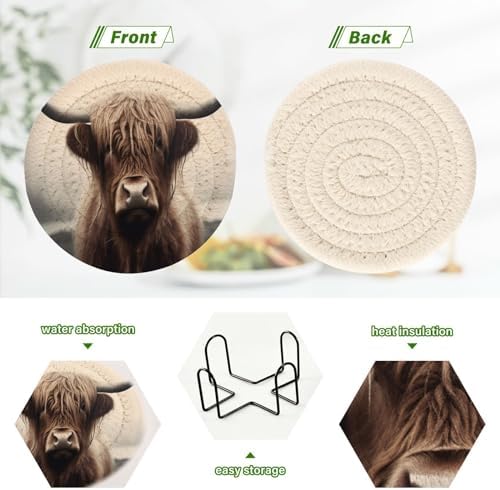 YETTASBIN Highland Cow 6 Pcs Drink Coasters with Holder, Cotton Woven Absorbent Heat-Resistant Round Coaster Non-Slip Table Mat for Kitchen Bar Home Decor Housewarming Gift, 3.9 in - Image 4