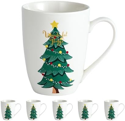 Christmas Tree Mugs Set of 6, 14oz Bone China Holiday Coffee Mugs, Microwave & Dishwasher Safe Xmas Hot Chocolate Mugs, Christmas Gift for Family (6pcs, Mugs) by SwuutKitchen