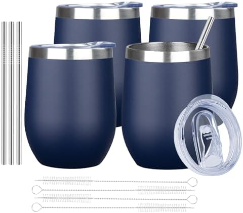 MEZMUT 12oz Insulated Wine Tumbler Glass Bulk with Lid (Navy,4 Pack) by MEZMUT