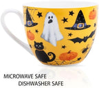 Orange Halloween Mug – 20oz Bone China Coffee Mug with Black Cat, Ghost, Pumpkin & Bat, Perfect Fall Gift for Halloween Lovers, Designed in England by Harvest Green Studio - Image 4