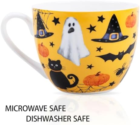 Orange Halloween Mug – 20oz Bone China Coffee Mug with Black Cat, Ghost, Pumpkin & Bat, Perfect Fall Gift for Halloween Lovers, Designed in England by Harvest Green Studio - Image 4