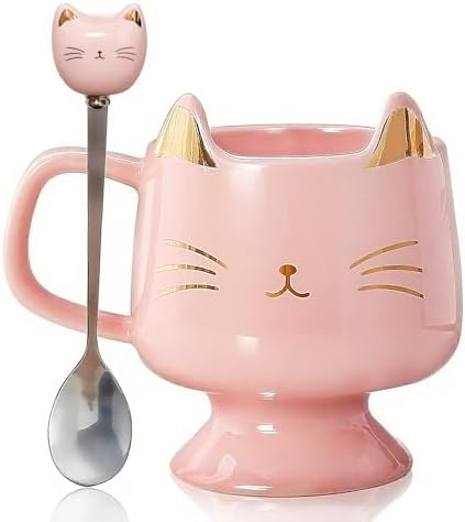 Christmas Mugs High-Footed Ceramic Cat Mug – 13.5oz Unique Coffee Cup with kitty Expression Design, Fun Gift for Women, Girls, Kids, Cat Lovers (pink) by xifengching