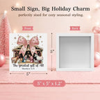 Pink Christmas Decor, Christian Christmas Decorations Indoor, Glitter Bow Nativity Scene Sign Gift for Women Friends, Rustic Wooden Box Sign for Home Office Bedroom Desk Decor 5x5 Inches - Image 2
