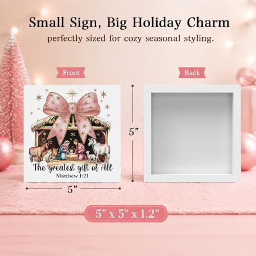 Pink Christmas Decor, Christian Christmas Decorations Indoor, Glitter Bow Nativity Scene Sign Gift for Women Friends, Rustic Wooden Box Sign for Home Office Bedroom Desk Decor 5x5 Inches - Image 2
