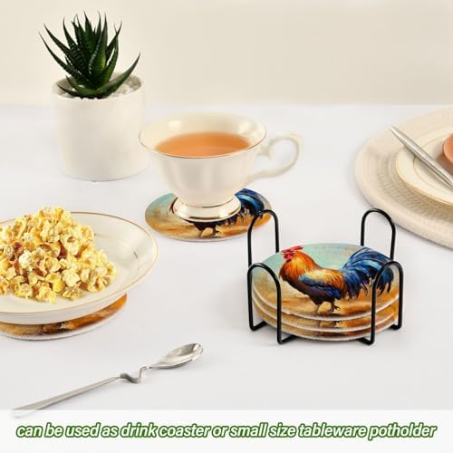 YETTASBIN Rooster 6 Pcs Drink Coasters with Holder, Cotton Woven Absorbent Heat-Resistant Round Coaster Non-Slip Table Mat for Kitchen Bar Home Decor Housewarming Gift, 3.9 in - Image 6