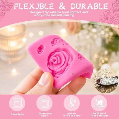 HKNMTT 2Pcs Mini Rose Silicone Molds, 3D Flower Chocolate Fondant Moulds - Image 5