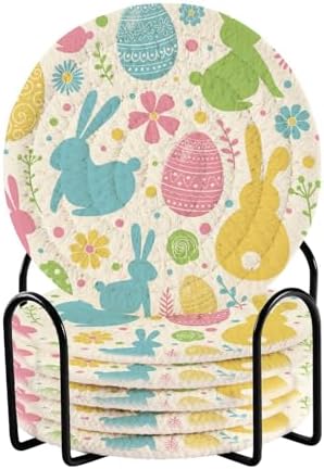 YETTASBIN Easter Bunny Eggs 6 Pcs Drink Coasters with Holder, Cotton Woven Absorbent Heat-Resistant Round Coaster Non-Slip Table Mat for Kitchen Bar Home Decor Housewarming Gift, 3.9 in by Unknown