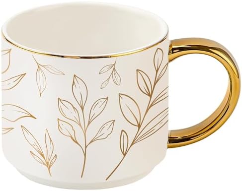 Sweet Water Decor Gold Leaves Mug with Gold Handle, 14oz Fine Bone China Coffee Cup for Tea, Latte, or Hot Cider, Autumn Leaf Drinkware, Fall Decorations for Kitchen, Gift for Mom, Sister & Wife by SweetWaterDecor