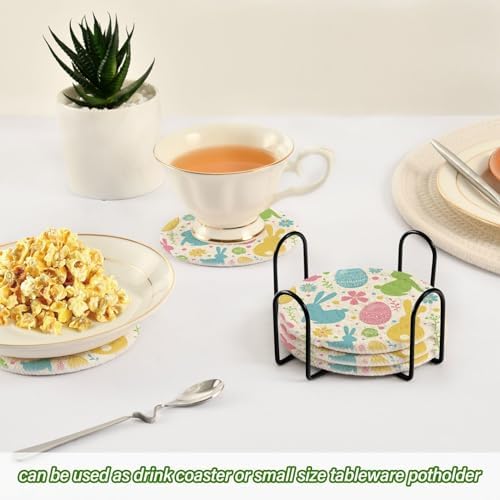 YETTASBIN Easter Bunny Eggs 6 Pcs Drink Coasters with Holder, Cotton Woven Absorbent Heat-Resistant Round Coaster Non-Slip Table Mat for Kitchen Bar Home Decor Housewarming Gift, 3.9 in - Image 6
