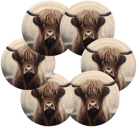 YETTASBIN Highland Cow 6 Pcs Drink Coasters with Holder, Cotton Woven Absorbent Heat-Resistant Round Coaster Non-Slip Table Mat for Kitchen Bar Home Decor Housewarming Gift, 3.9 in - Image 2