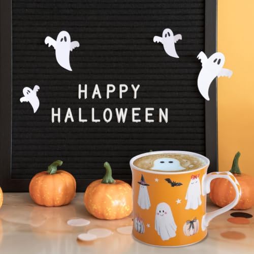 Cute Ghost Halloween Coffee Mug, 12oz Orange Ceramic Coffee Cup with Bow Pumpkins, Bats & Witch Hat Design, Spooky-Cute Holiday Gift for Halloween, Designed in England by Harvest Green Studio - Image 2