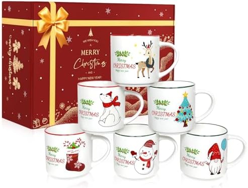 QIKSION Christmas Coffee Mugs Set of 6, 14oz Hot Chocolate Mugs, Cocoa Ceramic Mug, Perfect for Holiday Gifts by QIKSION