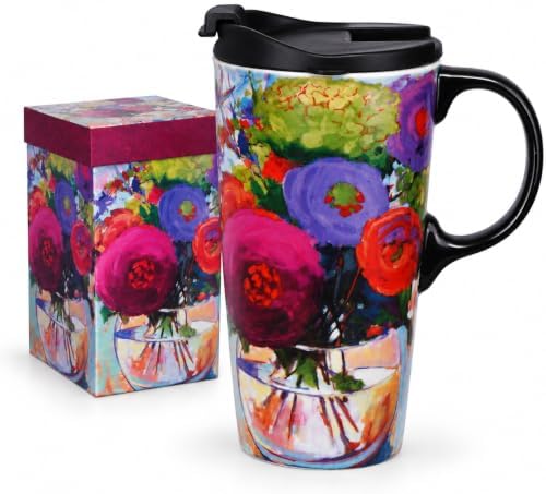 Topadorn 17oz Ceramic Travel Mug with Lid, Floral Coffee Mug with Gift Box by Topadorn