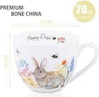 20 oz Bunny Coffee Mug with Spring Flowers & Happy Days Slogan, Premium Bone China Rabbit Coffee Cup, Cute Garden Gift for Women, Family&Friends, Designed in England by Harvest Green Studio - Image 2
