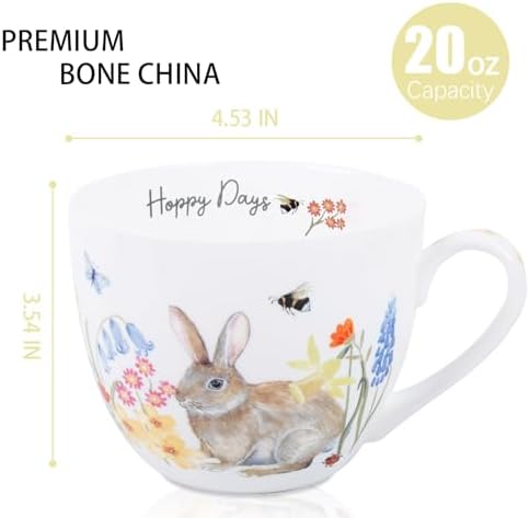 20 oz Bunny Coffee Mug with Spring Flowers & Happy Days Slogan, Premium Bone China Rabbit Coffee Cup, Cute Garden Gift for Women, Family&Friends, Designed in England by Harvest Green Studio - Image 2