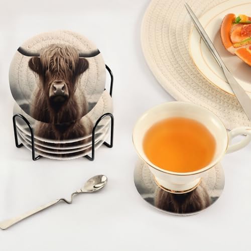 YETTASBIN Highland Cow 6 Pcs Drink Coasters with Holder, Cotton Woven Absorbent Heat-Resistant Round Coaster Non-Slip Table Mat for Kitchen Bar Home Decor Housewarming Gift, 3.9 in - Image 5