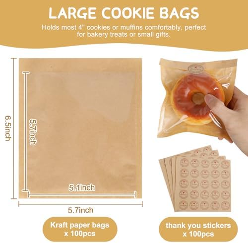 Cookie Bags Individual Heat Sealable Small Brown Paper Bags with Window - Image 2