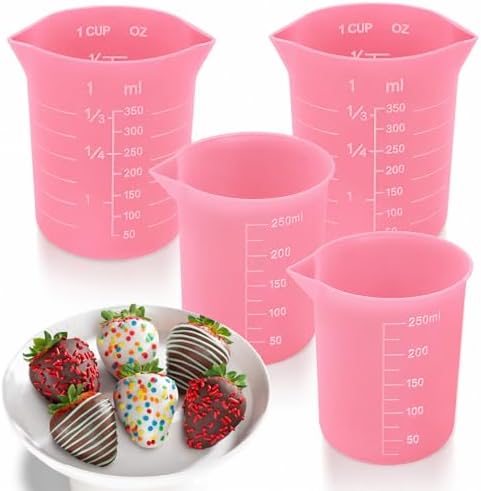 Palksky Silicone Cups for Melting Chocolate, 4PCS Pink Silicone Measuring Cups with 1 Cup & 1.5 Cup Capacity, Reusable Baking Supplies for DIY Chocolate Molds, Melting Chocolate by Palksky