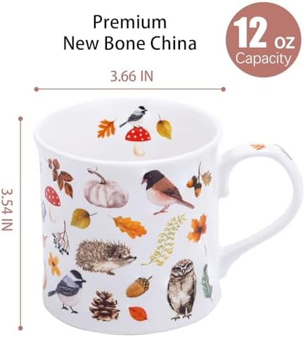 Autumn Animals Coffee Mug, 12 oz New Bone China Mug with Bird, Hedgehog, Owl & Pumpkin Design, Halloween & Fall Seasonal Ceramic Tea Mug, Nature Lover Gift, Designed in England by Harvest Green Studio - Image 3