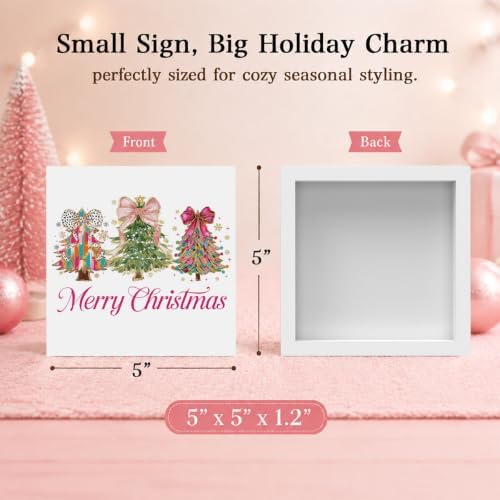 Pink Christmas Decor, Christmas Decorations Indoor, Glitter Bow Xmas Tree Snowflake Merry Sign Gift for Women Friends, Rustic Wooden Box Sign for Home Office Bedroom Desk Decor 5x5 Inches - Image 2