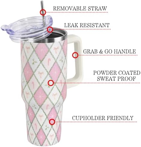 Christmas Tumbler with Handle and Straw Lid 40 oz,Cute Gifts for Women Merry Xmas Plaid Bow Candy Cane Holly Stars Winter Holiday Festival Vacuum Insulated Leak Proof Stainless Steel Coffee Cup Mug - Image 3