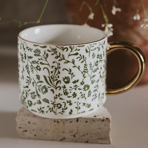 Sweet Water Decor Green Ditsy Coffee Mug, Vintage Green Floral Design with Gold Handle & Rim, 14oz Fine Bone China Tea Cup, Cottage Core Spring Collection, Cute Gifts for Mother's Day & Birthday - Image 4