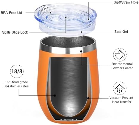 MEZMUT 12 Oz Insulated Wine Tumbler with Lid Wine Glass Cup(Orange,1) - Image 6