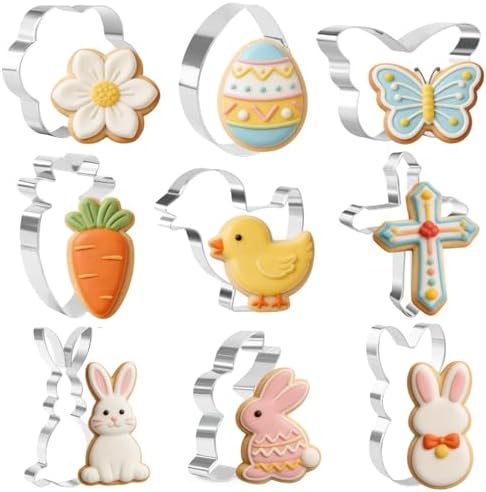 Easter Cookie Cutters, 9 Pieces Chick Carrot Egg Bunny Butterfly Rabbite Cross Flowers Shapes Metal Stainless Steel Biscuit Cutters Holiday Themed Baking Kit by Crethinkaty