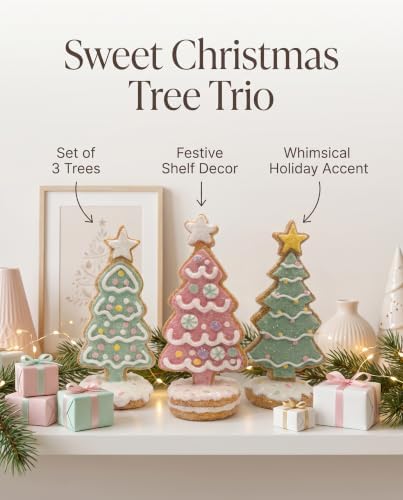 Set of 3 Faux Gingerbread Christmas Tree Trio Figurines - 5.1" Resin Sugared Fake Bake Cookie Trees - Pastel Pink & Green Candy Frosting Holiday Tabletop Decor for Tiered Trays, Kitchens & Mantels - Image 2