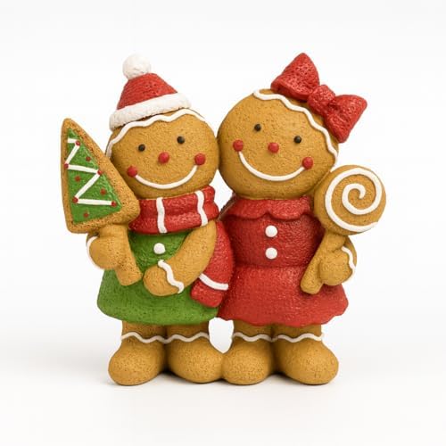 Christmas Gingerbread Couple Resin Figurine – Hand-Painted Holiday Décor, Boy with Tree Cookie & Girl with Bow and Swirl Lollipop, Tabletop/Mantel Accent (Brown Gingerbread) by iStatue