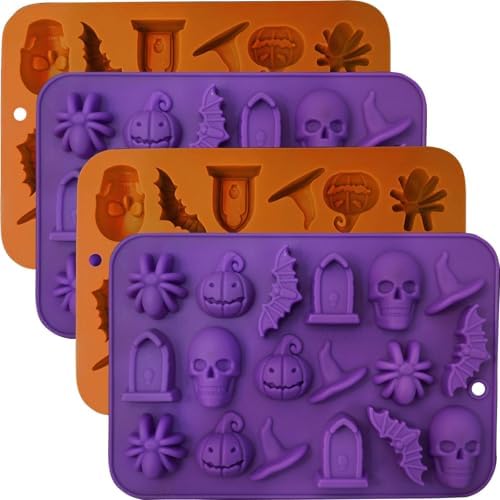 Halloween Molds Silicone for Chocolate 4 Pack, 3D Halloween Chocolate Candy Gummy Mold Skull Pumpkin Bat Ghost Witch Hat Spider tombstone Shapes Mold by HKNMTT