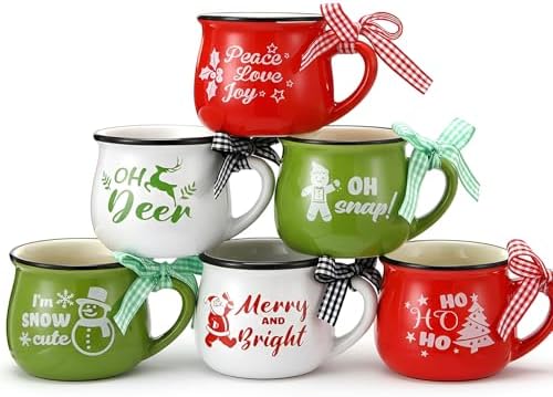Potchen 6 Pcs 5 oz Christmas Coffee Mugs with Ribbons,Cute by Potchen