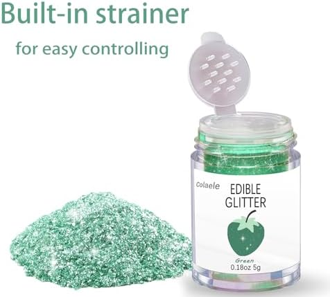 Green Edible Glitter Glimmer Powder for Cakes Drinks - Colaele 5 grams Food Grade Luster Dust Metallic Food Decorating Sprinkle Disco Brew Dust for St. Patrick Decorations Wine Beverage Dessert, Vegan - Image 2