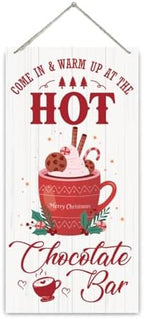 Hot Chocolate Bar Sign, Christmas Hanging Wood Sign, Winter Decorative Wall Signs, Rustic Winter Wooden Door Signs, Farmhouse Outdoor Wood Christmas Decor, Xmas Wall Art 6x12 Inches by Unknown