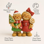 Christmas Gingerbread Couple Resin Figurine – Hand-Painted Holiday Décor, Boy with Tree Cookie & Girl with Bow and Swirl Lollipop, Tabletop/Mantel Accent (Brown Gingerbread) - Image 6