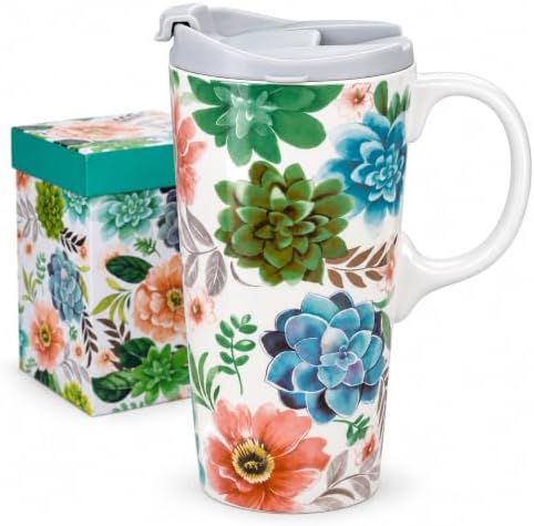 Topadorn 17oz Ceramic Travel Mug with Lid, Succulent Floral Coffee Mug by Topadorn