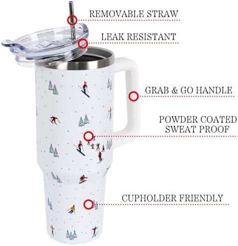 Christmas Tumbler with Handle and Straw Lid 40 oz,Cute Gifts for Women Merry Xmas Tree Skiers Skiing the Mountain Winter Holiday Festival Vacuum Insulated Leak Proof Stainless Steel Coffee Cup Mug - Image 3