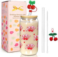 Coquette Cute Glass Cup with Lids and Straws 18OZ Cherry Iced Coffee Cup by MasonLife